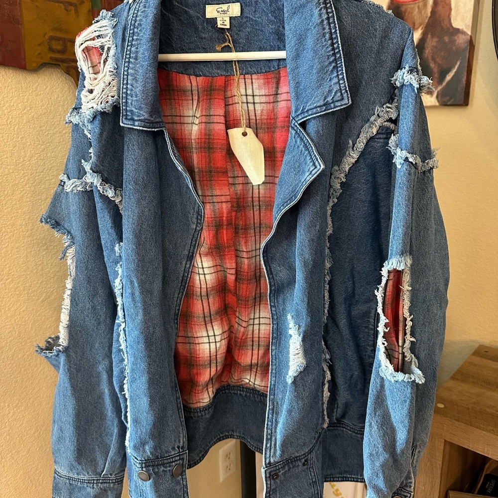 easel Blue Distressed Denim Jacket with Red Plaid Lining - Picture 3 of 7